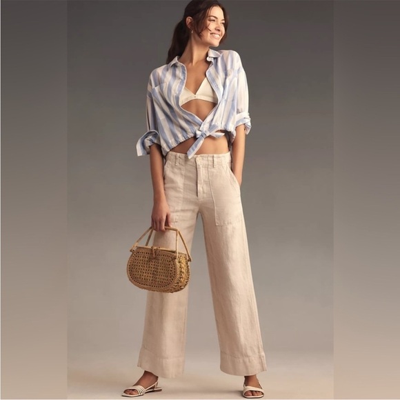 Velvet by Graham & Spencer Dru Beige Neutral wide Leg Linen Pants - Picture 1 of 8